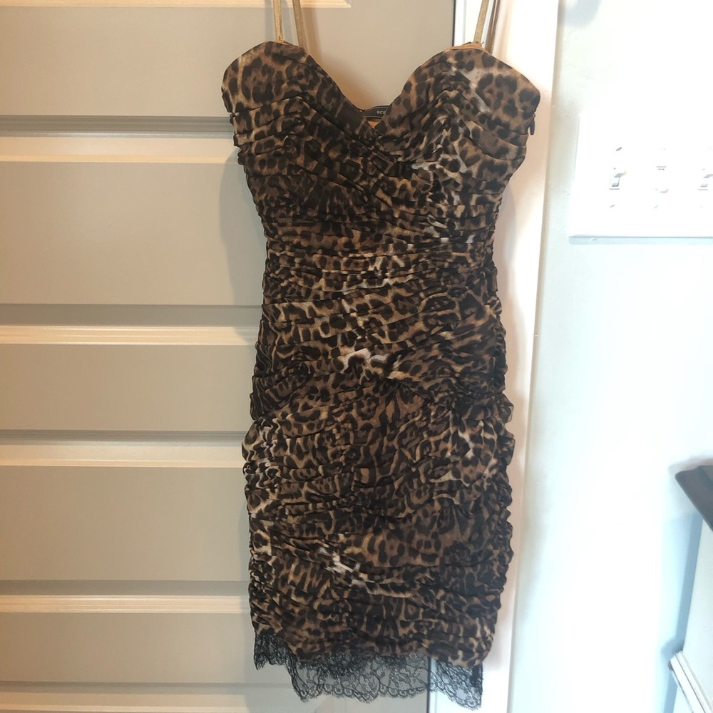 BCBG leopard and black lace cocktail dress!